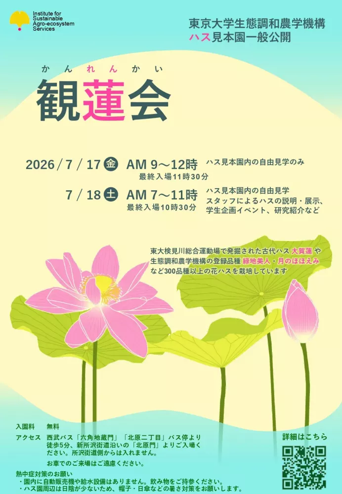 東京大学生態調和農学機構（東大農場）にて多数の花ハスを観賞できる「観蓮会（かんれんかい）」が開催